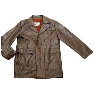 Vintage 70s Sears The Leather Shop Brown Leather Jacket Mens 40 Tall Retro